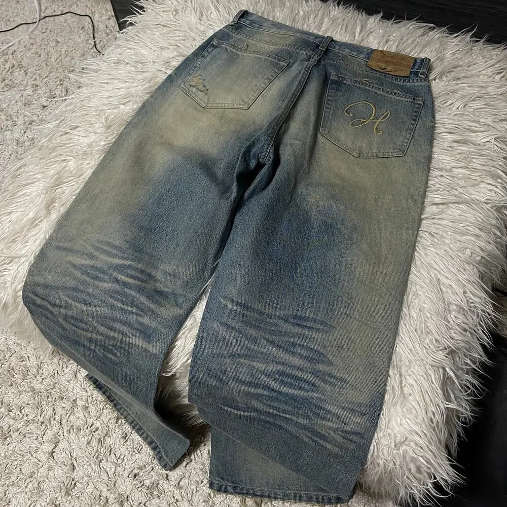Vintage Faded Wash Distressed Ripped Wide-leg Baggy Denim Jeans Pants Blue sz 31 - Picture 9 of 16